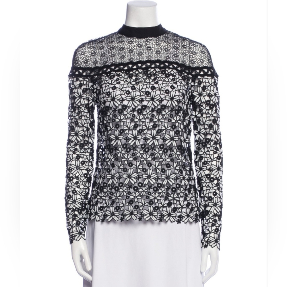 Black And White Lace Long-Sleeve Top - Sheer , Self Portrait, UK8, Us 4 - Picture 6 of 7